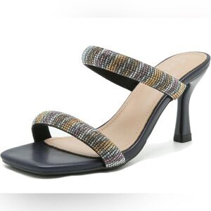 NWOT Rhinestone Heeled Sandals Square Open Strappy  Sandals  Dress Shoes 9.5